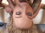 Misty May Gets Fucked By Two While Wearing Fishnet Stockings