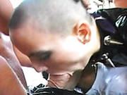Bald Headed Latex Bitch Takes Dp While Purple Haired Nympho Sucks Dicks