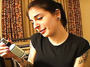 Tattooed Curvy Brunette Cutie Pulls Down Her Pants And Flashes Butt