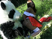 Perverted Light Haired Red Cap Meets Huge Teddybear Toy In The Woods And Masturbates