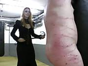 Very Hot Redhead Mistress In Leather Whipping Tied Up Slave