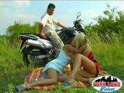 Blonde And Redhead Girls Fucking In A Threesome With A Big Cock