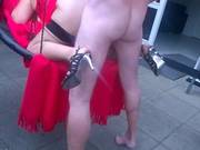 Horny Lady In Red, See- Through Dress Is Getting Fucked In The Swing In Various Positions