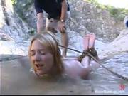 Naked Blonde Girl Is Tied Up In The Nature And Being Tortured By Her Kinky Boyfriend