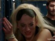 Busty Blonde Was Blindfolded And Fucked By Two Guys, In The Lockerroom, After The Gym