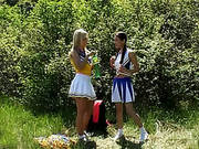 Asian And Euro Cheerleader Chicks In Lesbian Scene Outdoors