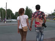 Curly Red Haired Babe Gives Eager Blowjob To Photographer From The Street