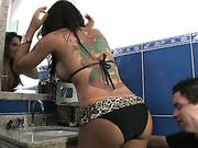 Tattooed Brunette Shemale Gets Her Dick Sucked In A Bathroom