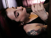 Tattooed Brunette Hussy Shows Her Blowjob Skills To A Black Dude