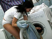 Perverted Teen In White Panties Masturbates Pussy On A Washing Machine