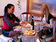 Horny Brunette And Blondie Gonna Have A Catfight Right In The Cafe