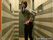 Slutty Brunette Amateur Gives Mouth Fuck To Two Sturdy Cocks In Public Toilet