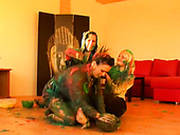 Severe Paint Covered Brunette Chicks Have A Catfight On The Floor