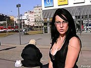 Four Eyed Brunette Whore Gives Blowjob In Public