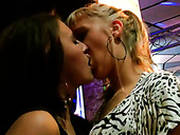 Seductive Tipsy Brunette Gals Kiss Passionately And Gonna Be Pleased In Club