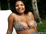 Busty Brunette Gets Rid Of Bikini, Plays With Huge Boobs And Opens Wet Cunt