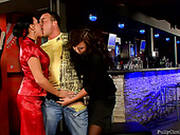 Tipsy Sexy Gals Kneel Down For Sucking A Tasty Lollicock In The Bar