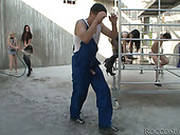 Busty Brunette Whore Gets Gangbanged By Factory Workers
