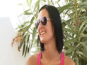 Tanned Brunette In Pink Masturbates