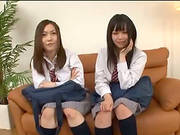 Two Asian Teens In School Uniform Give A Blowjob To A Guy