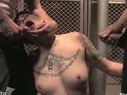 Short-haired Girl With Tattoos Getting Throat Fucked And Peed By Two Cocks