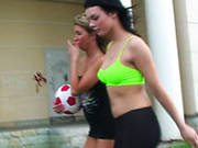 Sexy Girls Kiki, Tess And Betsy Are Playing With Ball Outdoor