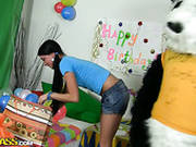 Huge Dude Wearing Teddy Costume Sticks Out His Dick To Drill Birthday Girl