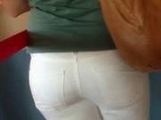 Ass - Cute Girl In White Tight Jeans Waiting At Mc Donald