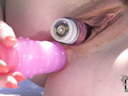 Spoiled Hussy Fucks Her Asshole And Twat With Two Meety Dildos