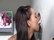 Long Haired Young Chick Sucks Dick Through The Gloryhole And Fucks It For A Fresh Creampie.