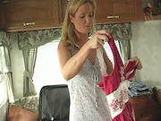 Blonde Kay D Is Taking Her Nice Looking Pink Bra