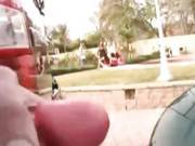 Guy Cums All Over Brunette In Public