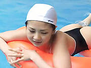 Bathing Suit On Young Japanese Chick Aki Hoshino Gets Wet