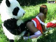 Cute Brunette Fucked By A Funny Panda Outdoors