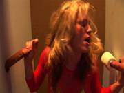 Sexy Blonde In Fishnet Body Sucks And Fucks Glory Hole Cocks