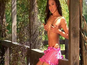 Skinny Asian Lingerie Striptease Outdoors