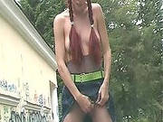 Pigtailed Redhead Models Pantyhose Outdoors