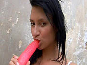 Wet Red Dildo Invades Young Snatch