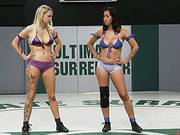 Brunette & Blonde Wrestle Each Other Before Some Serious Strap On Sex