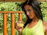 Busty Brunette In Green Dress Drinks Juice And Gets Boobs Squeezed