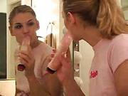 Sexy Assed Brianna Enjoys Her Reflection In The Mirror When Sucking Big Dildo.