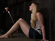 Leggy Blond Teen Wearing Jeans Skirt Is Tied Before Rough Fuck