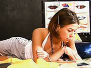Short Haired Brunette Student Does Home Task And Masturbates A Bit