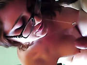 Black Haired Busty Slut In Glasses Blows Giant Penis Of Her Stud