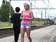 Thirsting Blond Chick Pissed At Railway Station While Waiting For Her Bf
