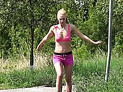 Slutty Blond Girlie In Roller-skates Pisses On The Roadside
