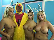 Three Mega Busty Blond Tramps Are Gonna Suck One Big Cock