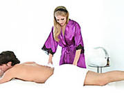 Sizzling Blond Haired Harlot In Hot Purple Dress Gives  A Head In Massage Parlor