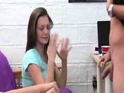 Group Of College Girls Eating One Dick