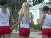 Rapturous Babes Elegantly Dressed In Red Shorts Getting Drunk In A Wild College Party Outdoor